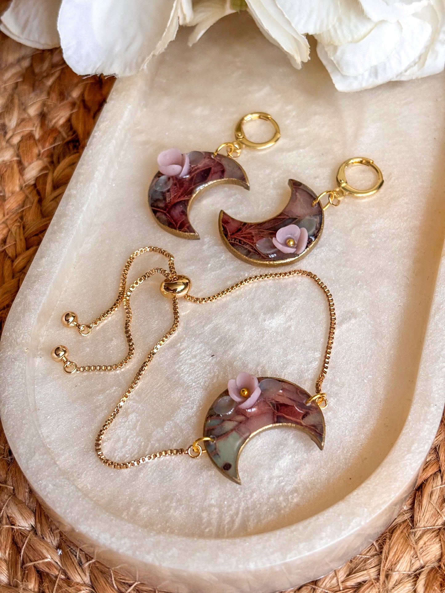 Stained Glass Floral Moon Earring & Bracelet Set
