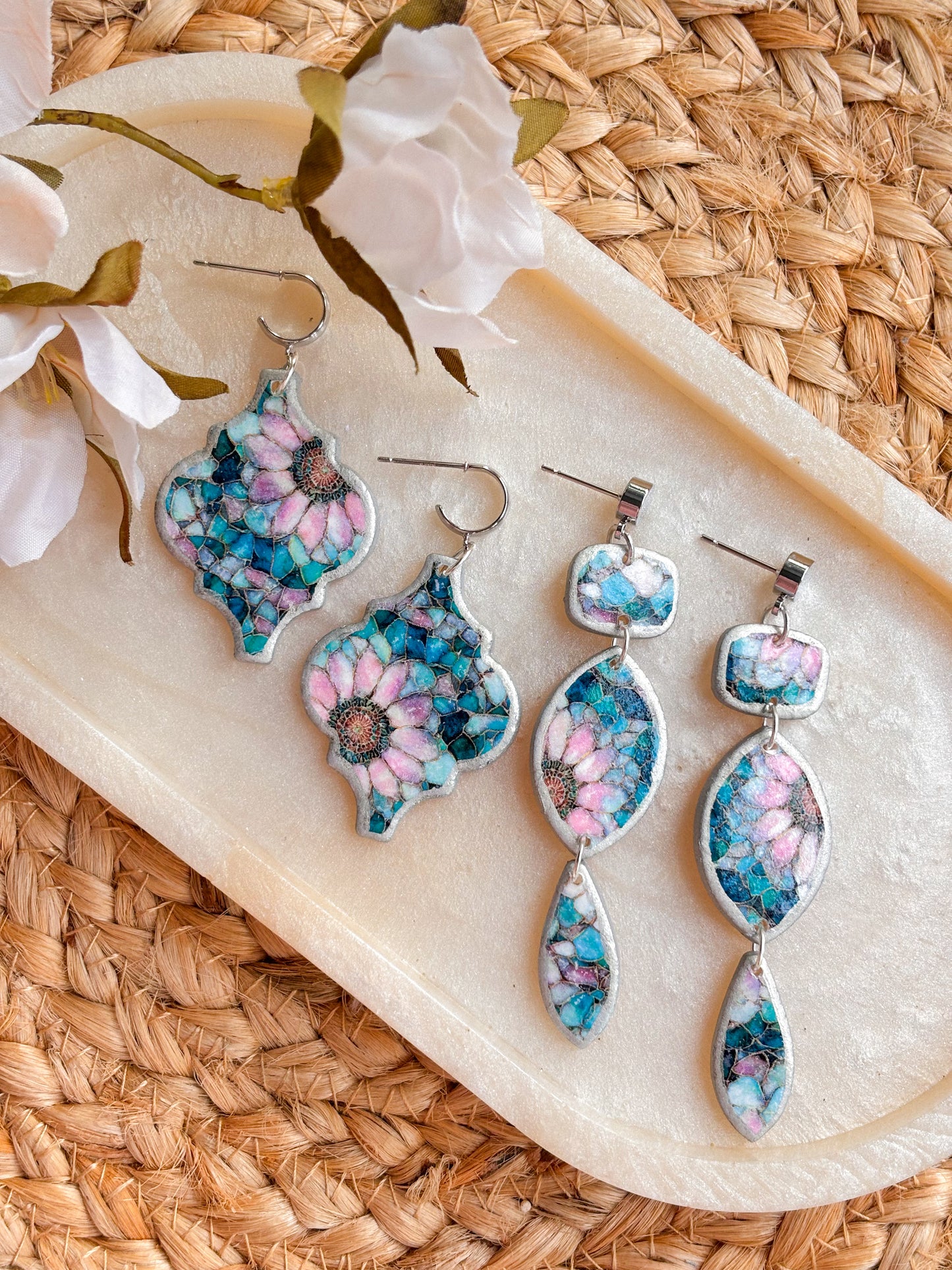 Silver & Blue Triple Floral Dangles