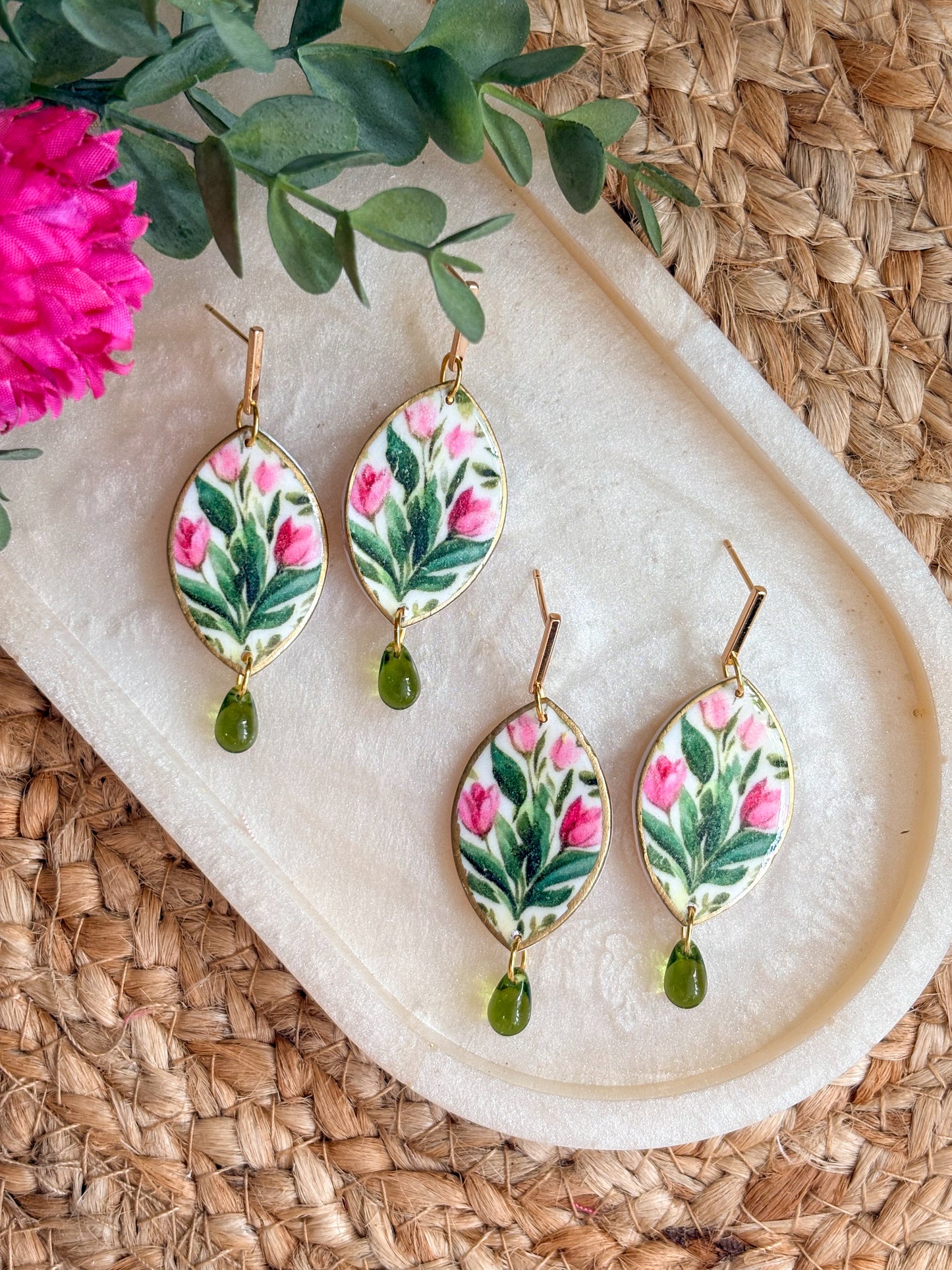 Green and Pink Tulip Earrings
