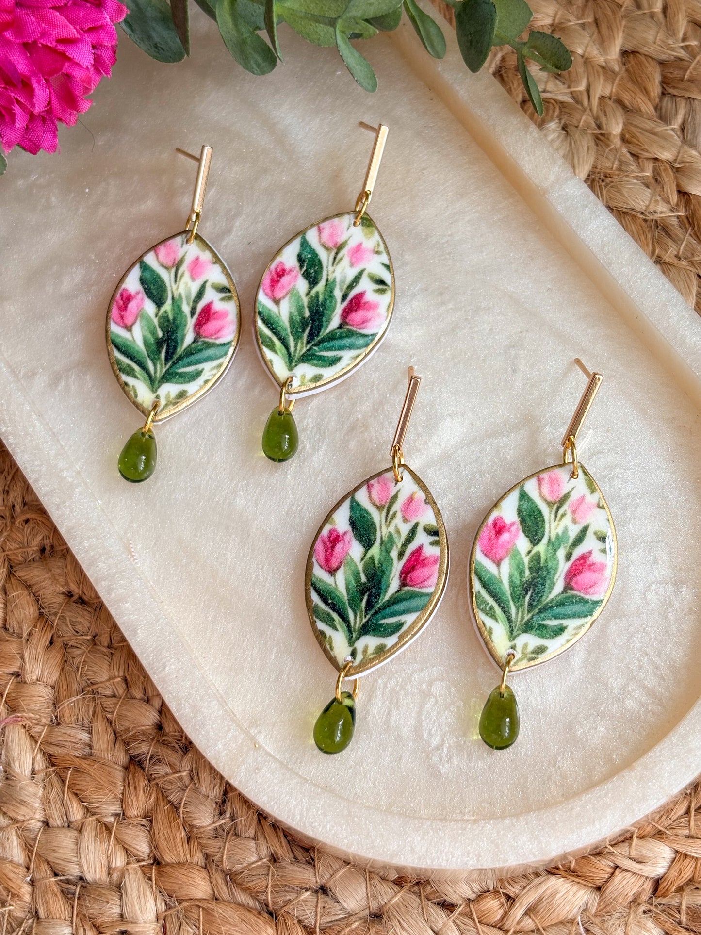 Green and Pink Tulip Earrings