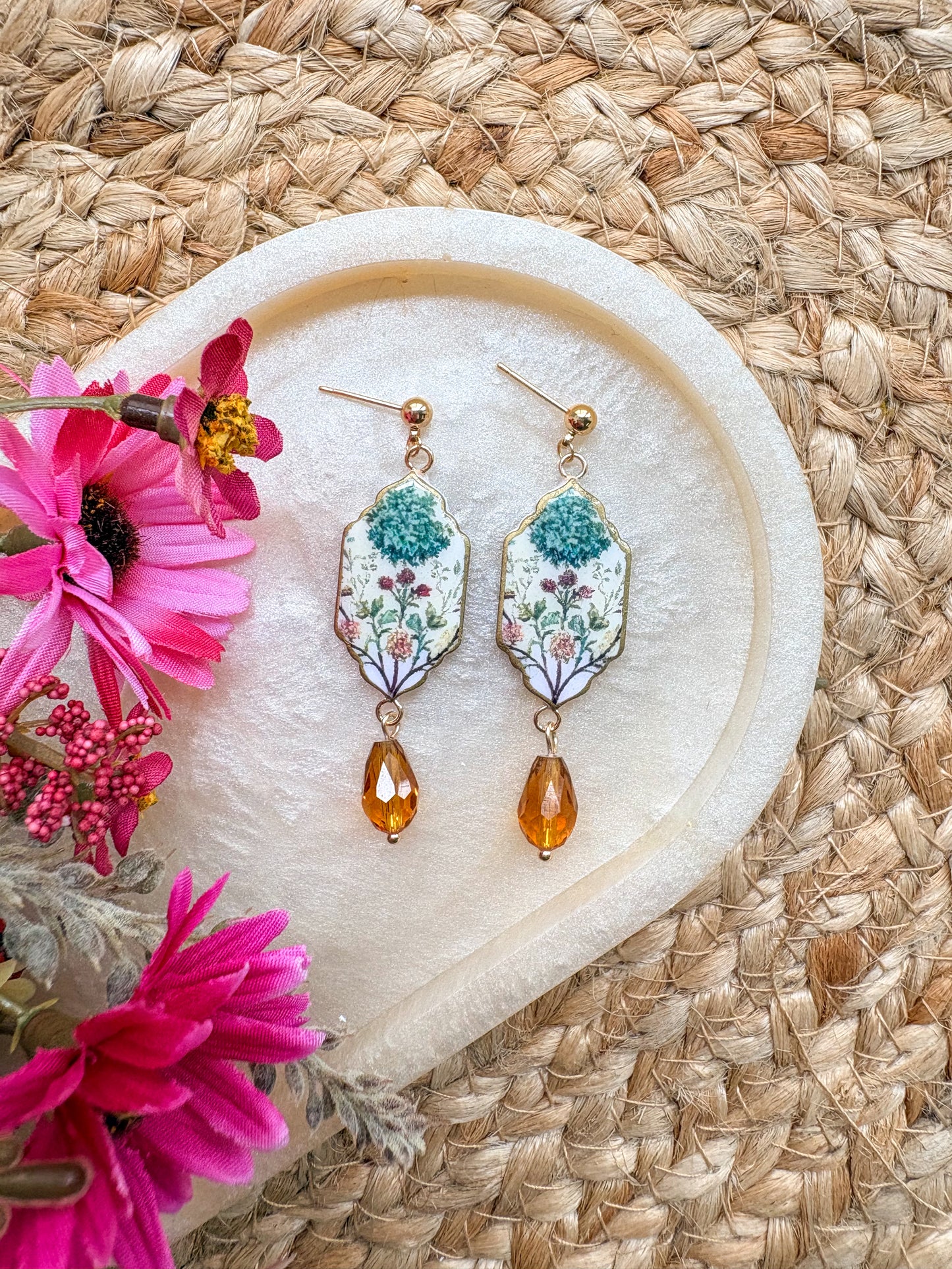 Vintage print amber dangles