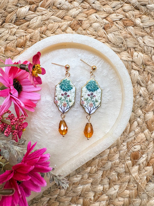 Vintage print amber dangles