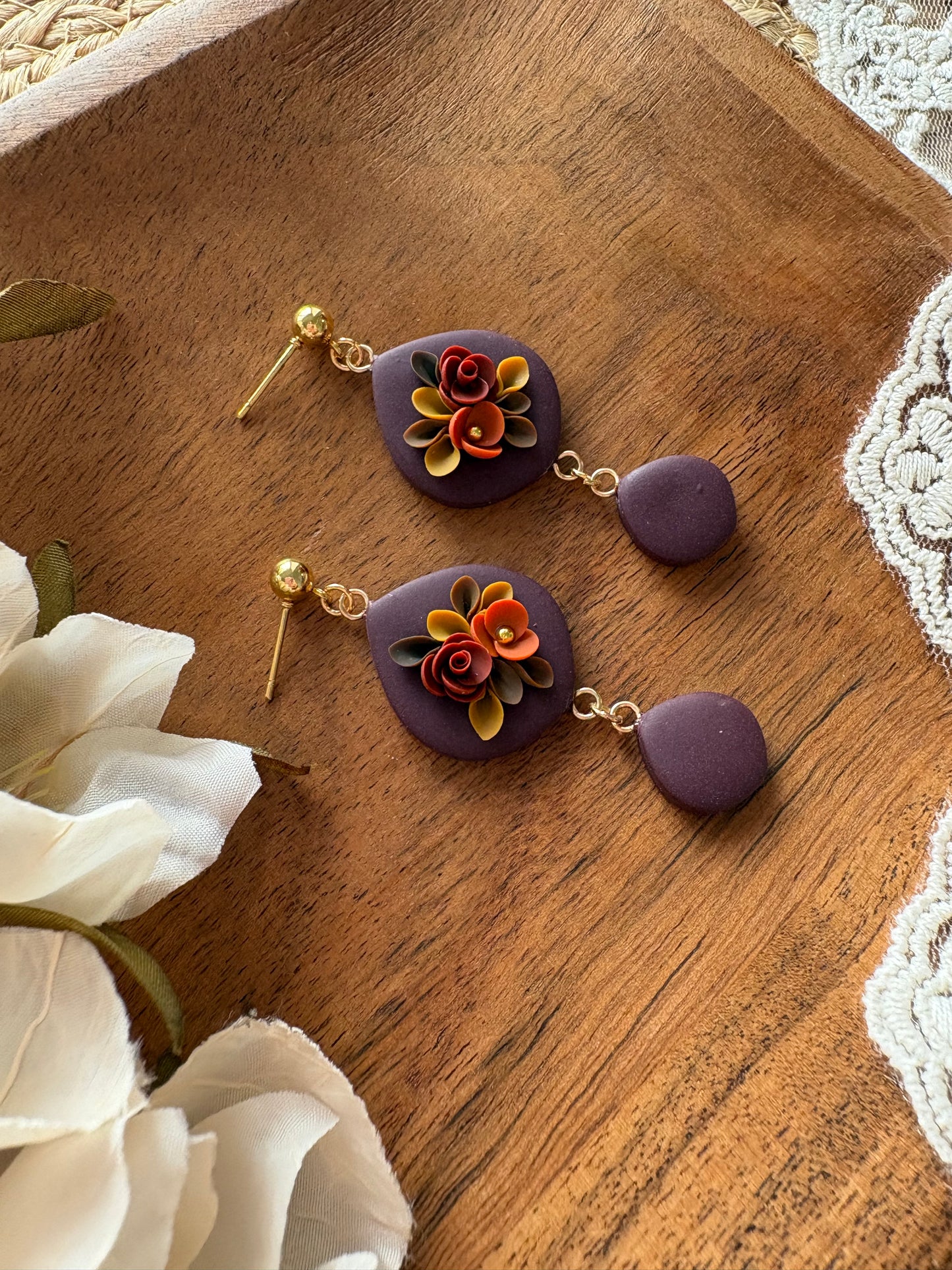 Moody burgundy floral dangles