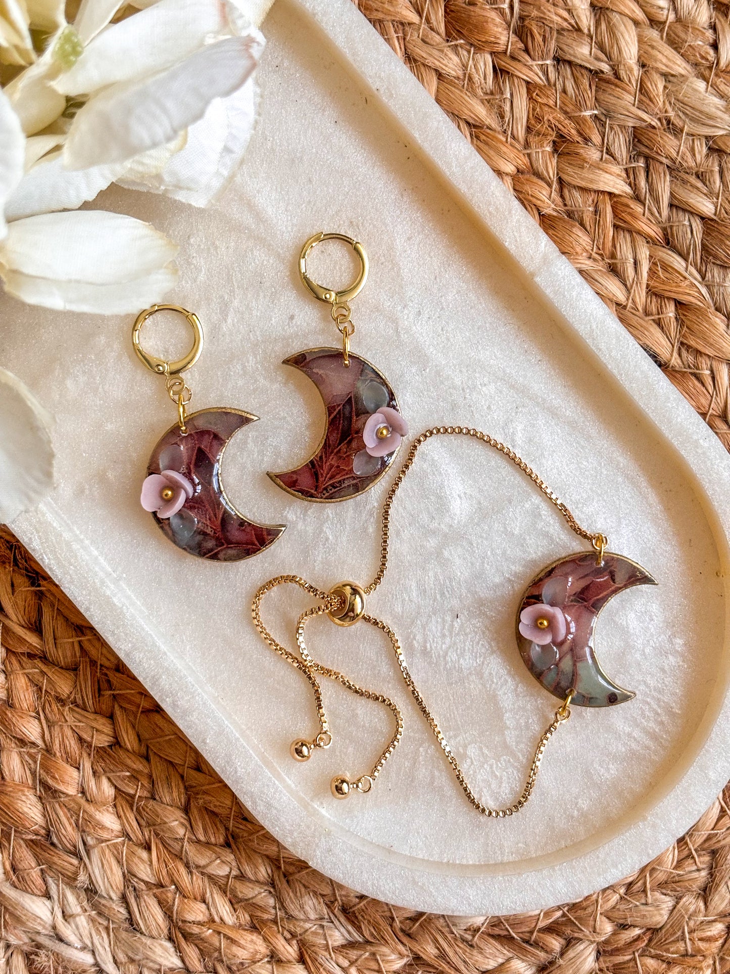 Stained Glass Floral Moon Earring & Bracelet Set