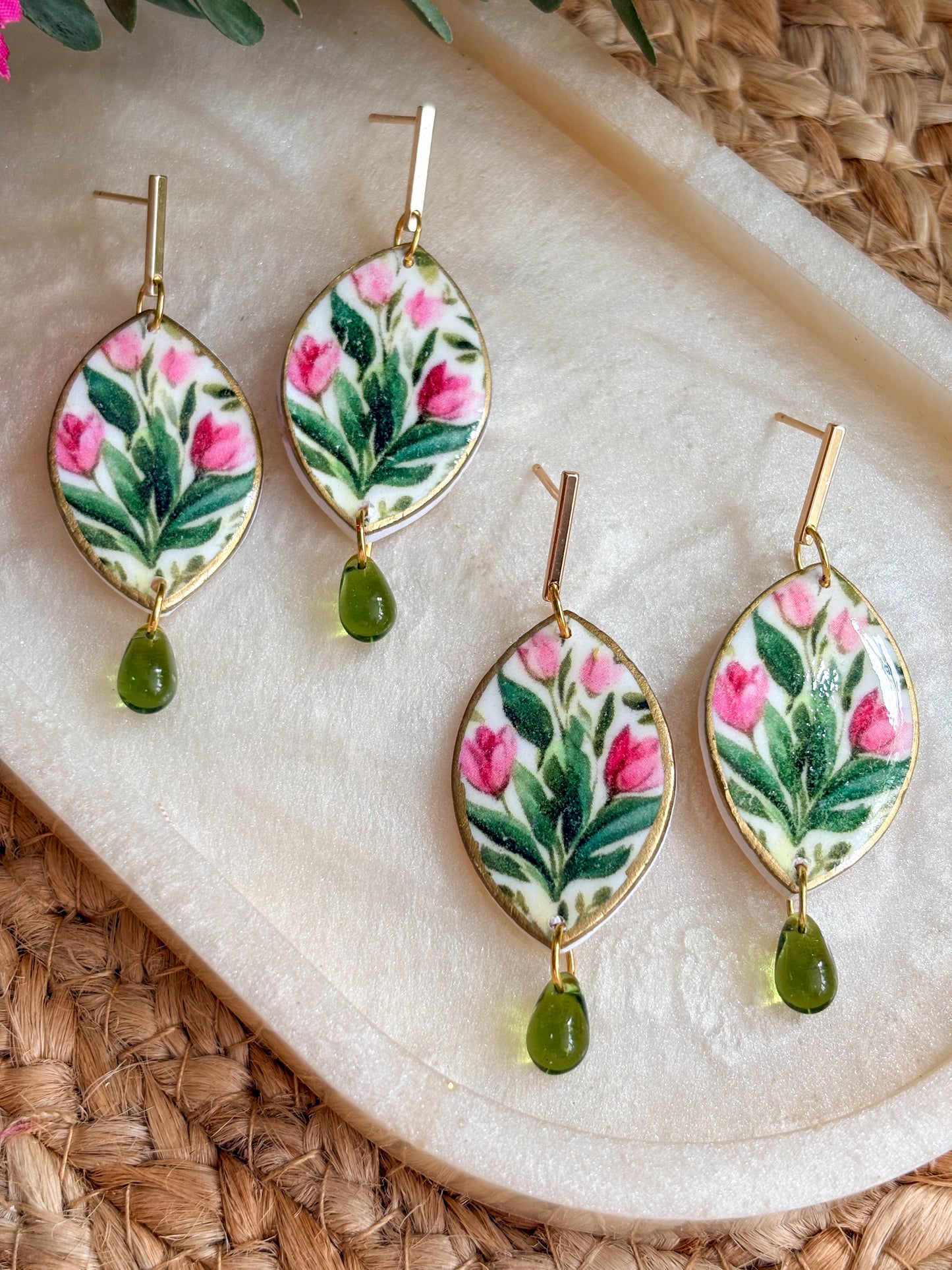 Green and Pink Tulip Earrings