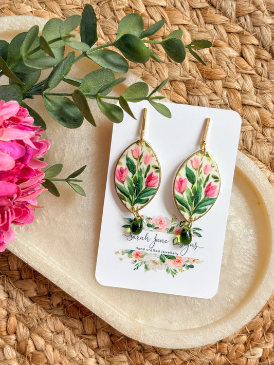 Green and Pink Tulip Earrings