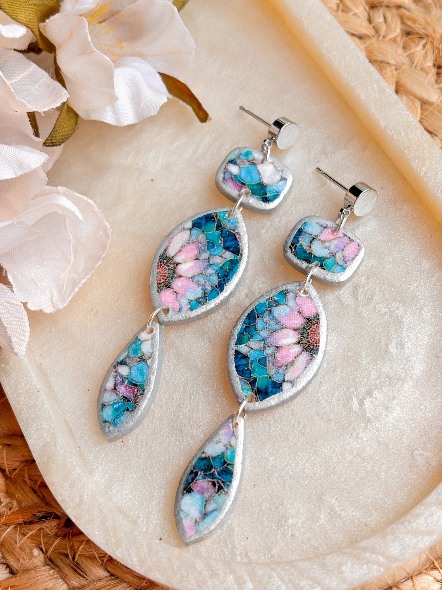 Silver & Blue Triple Floral Dangles