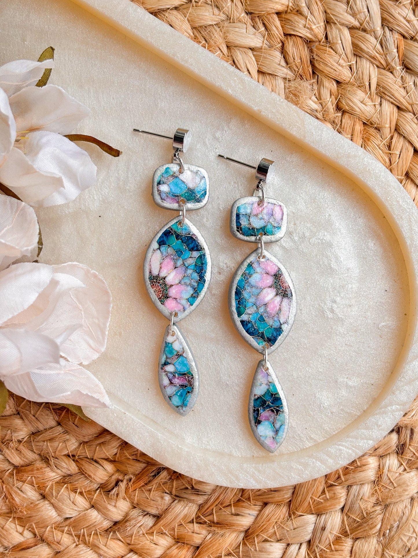 Silver & Blue Triple Floral Dangles