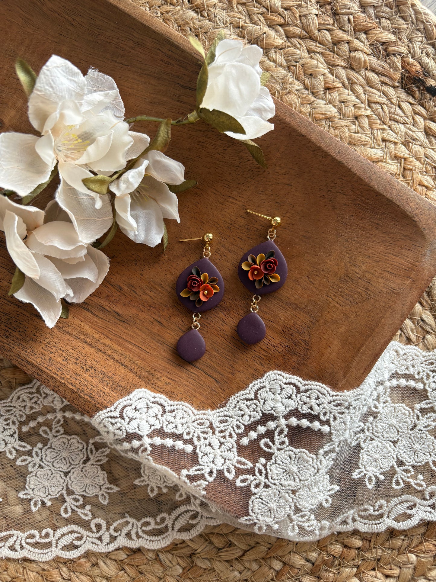 Moody burgundy floral dangles