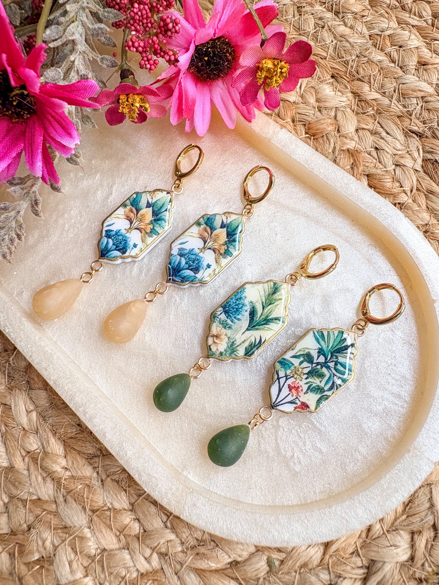 Vintage print & hand rolled bead dangles