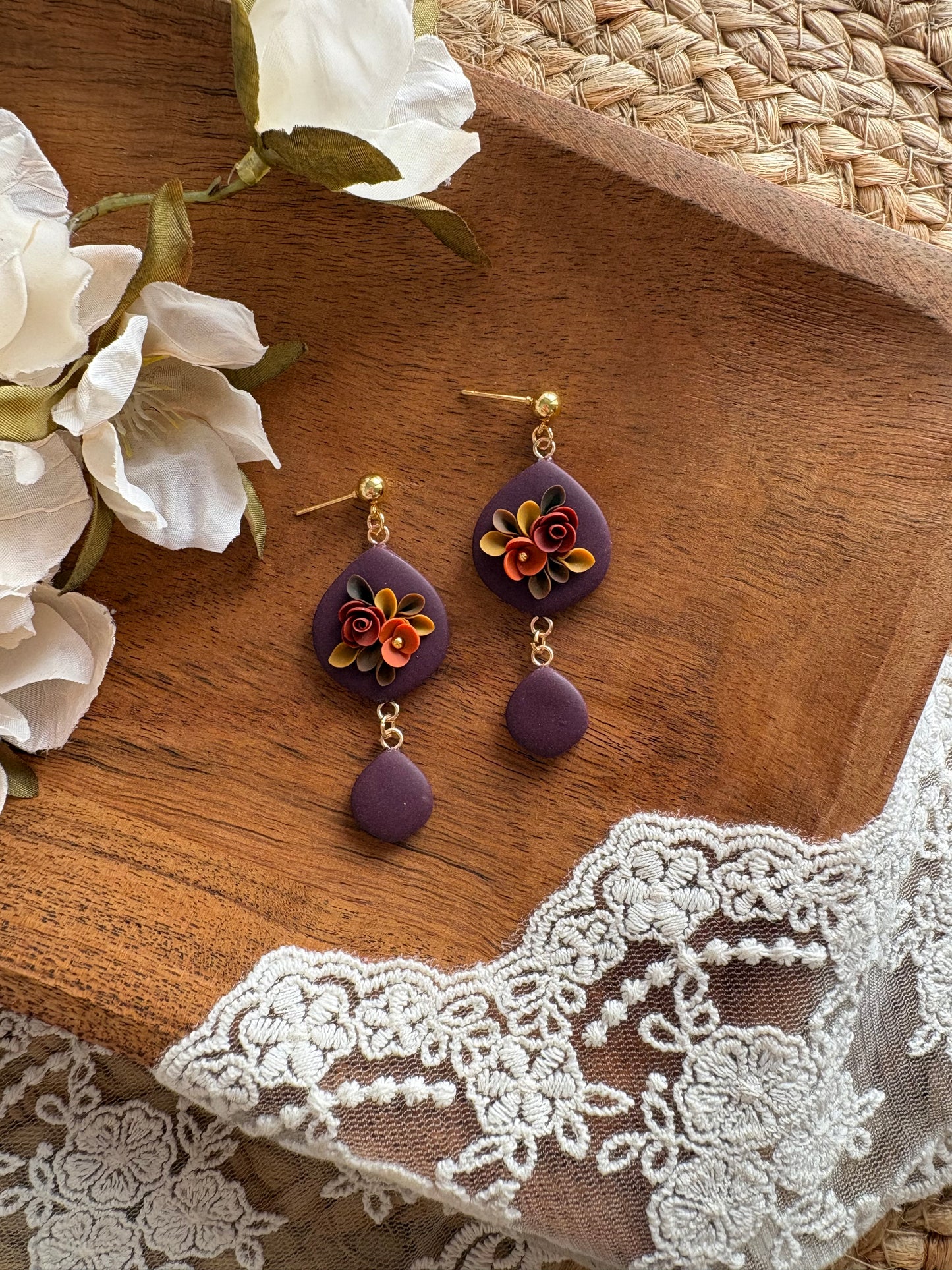 Moody burgundy floral dangles