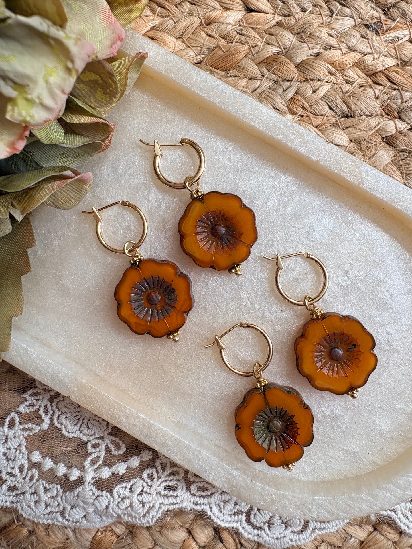 Large glass autumn daisy bead dangles