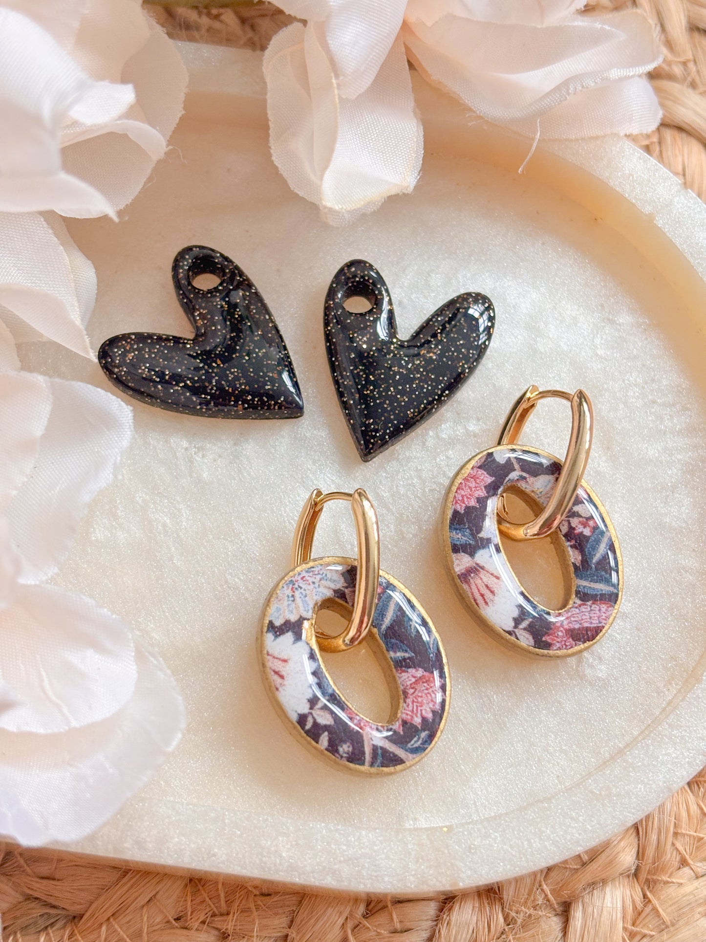 Oval and Heart Charm Huggies Set