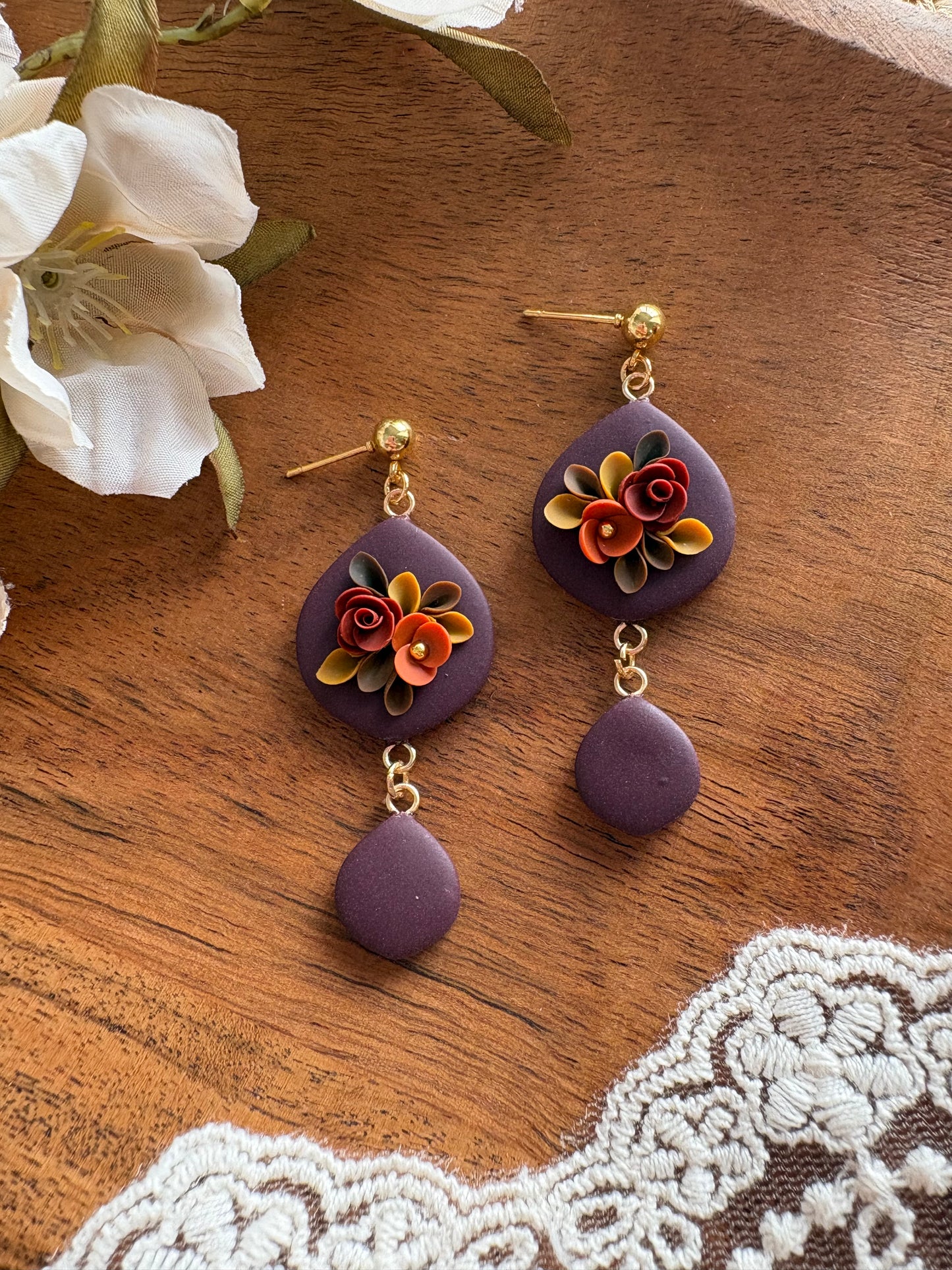 Moody burgundy floral dangles