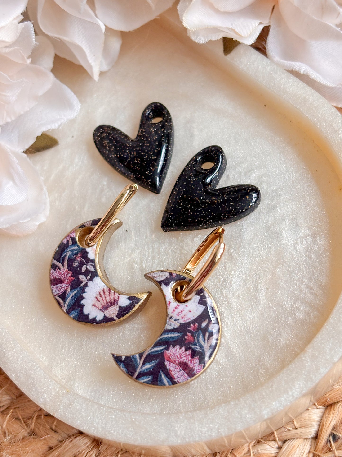 Moon and Heart Charm Huggies Set