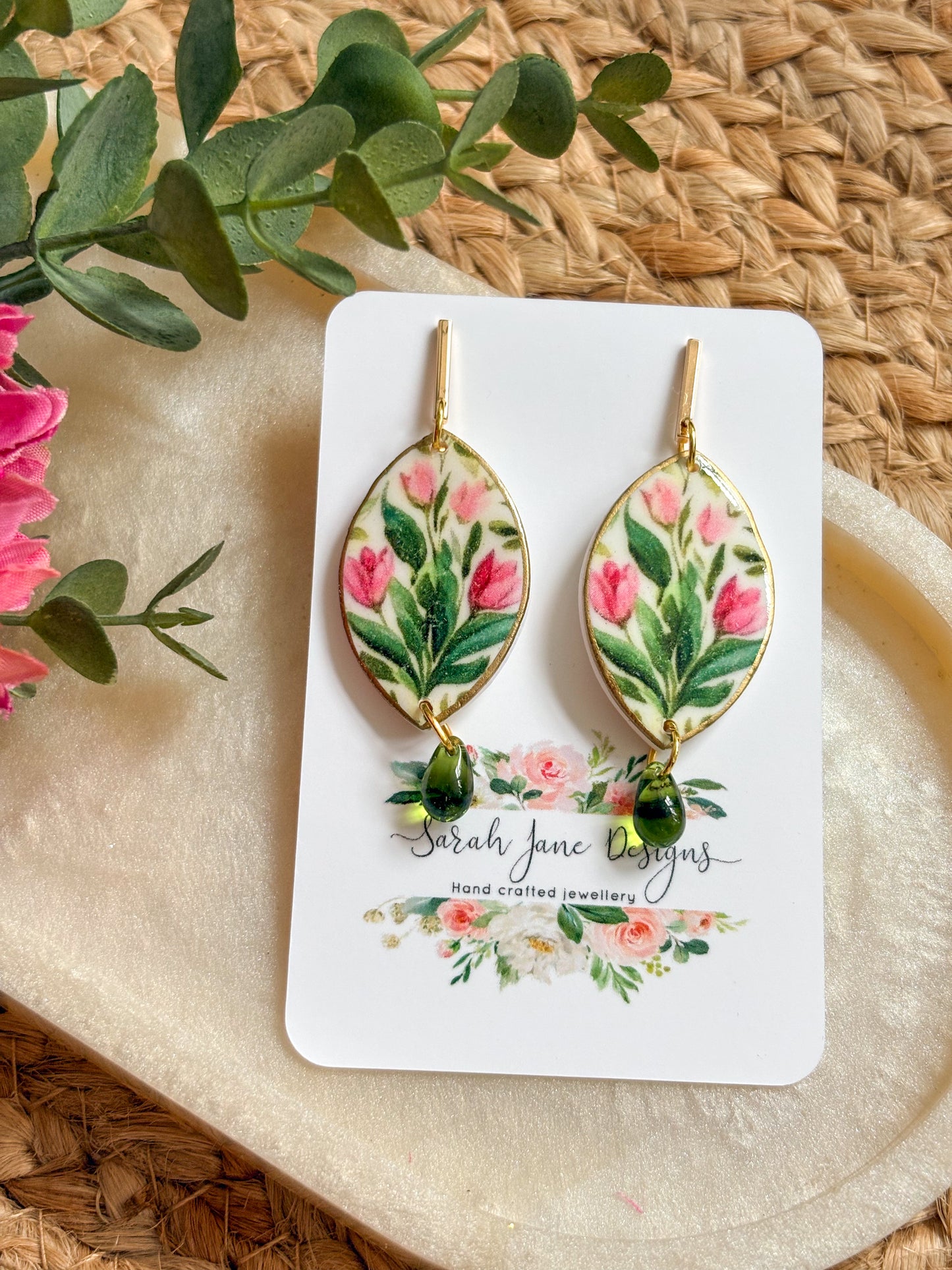 Green and Pink Tulip Earrings