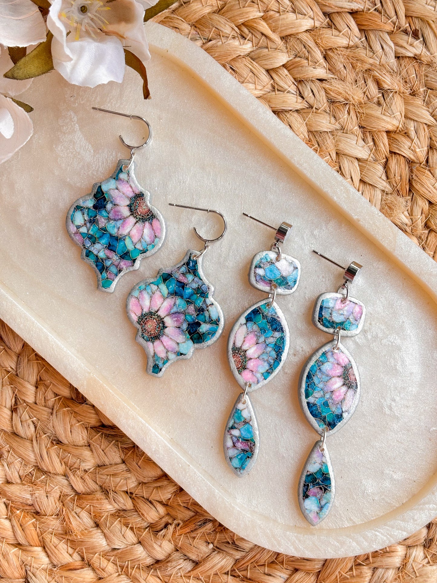 Silver & Blue Triple Floral Dangles