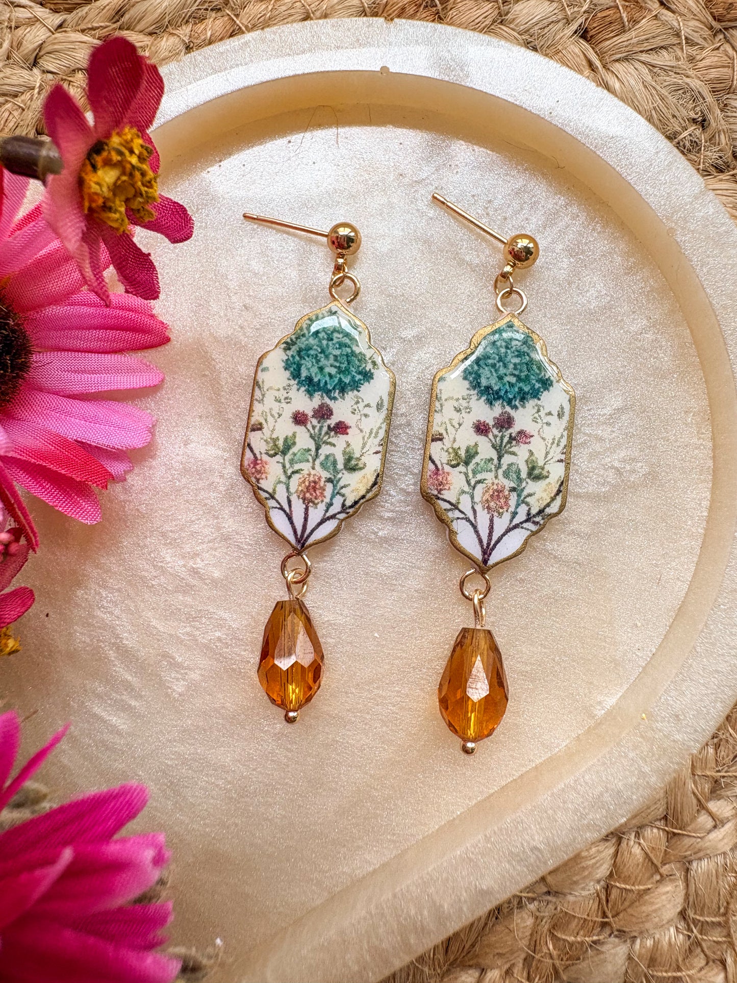 Vintage print amber dangles