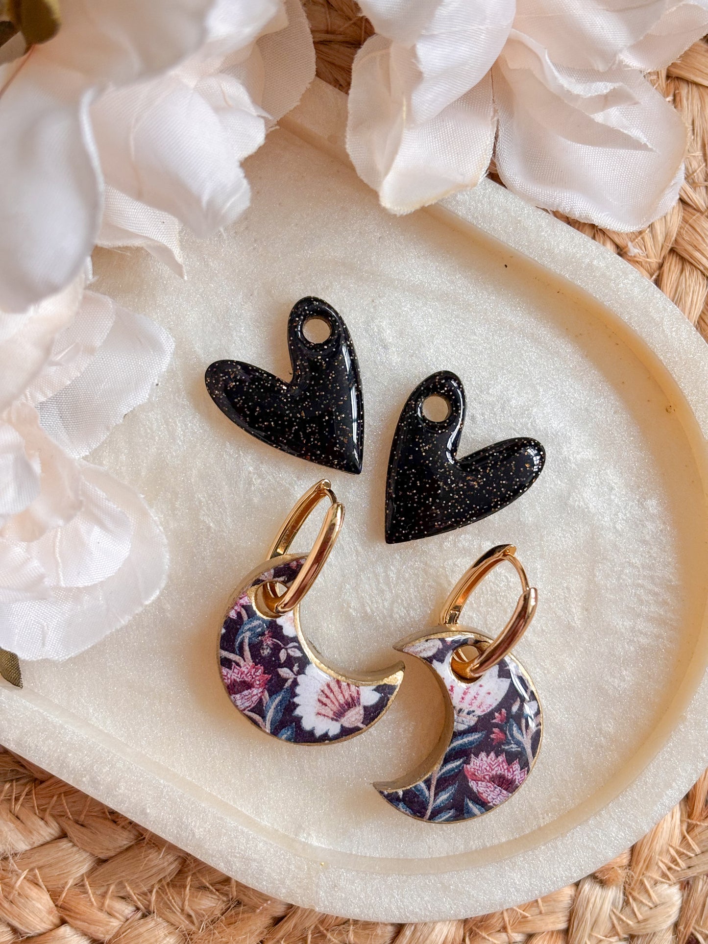 Moon and Heart Charm Huggies Set