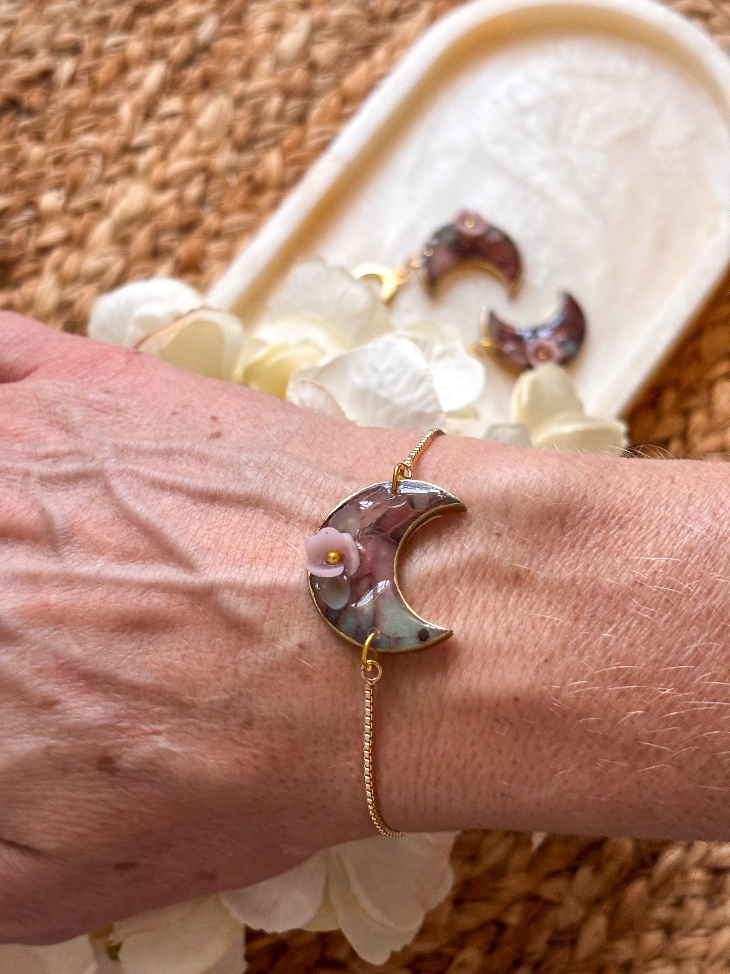 Stained Glass Floral Moon Earring & Bracelet Set