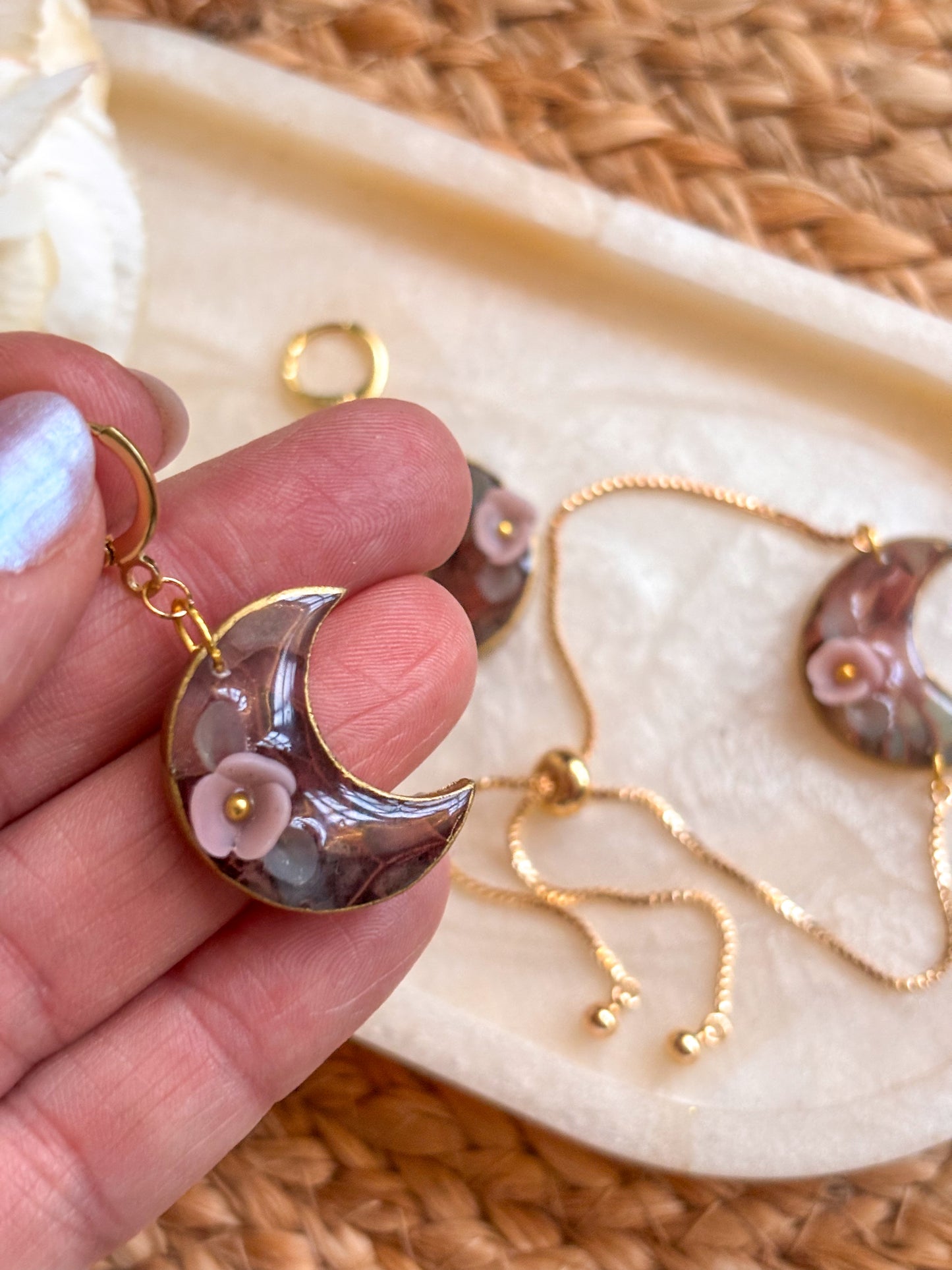 Stained Glass Floral Moon Earring & Bracelet Set