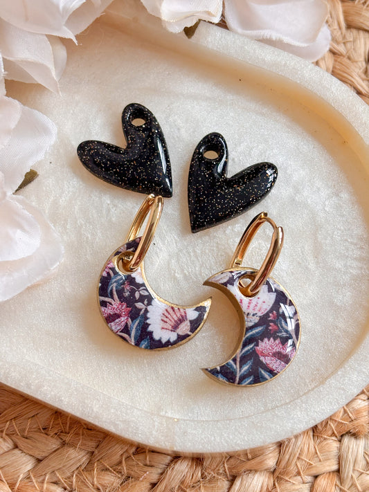 Moon and Heart Charm Huggies Set