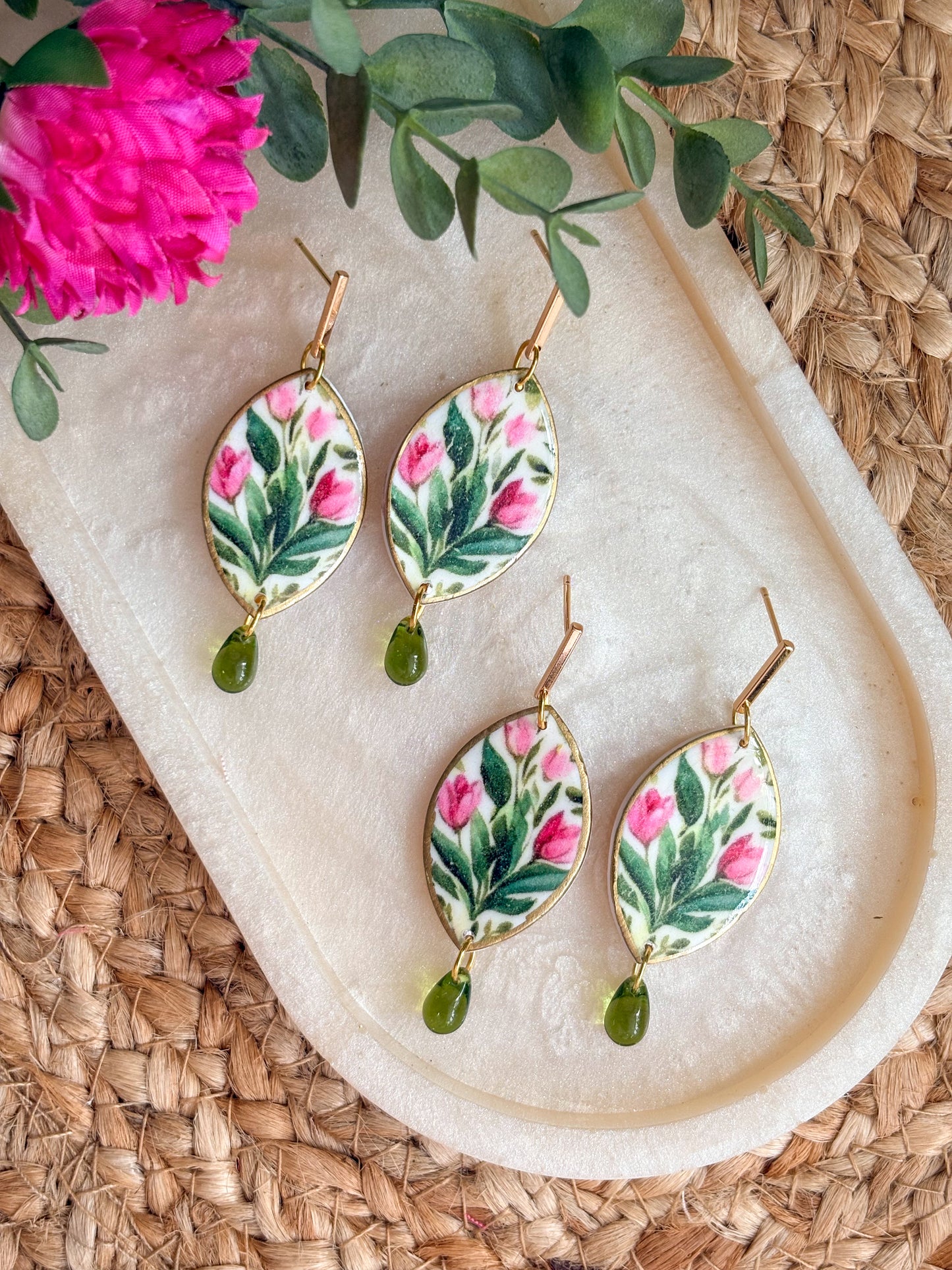Green and Pink Tulip Earrings