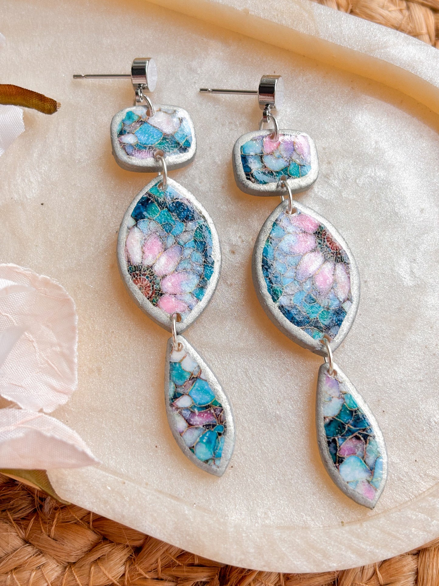 Silver & Blue Triple Floral Dangles