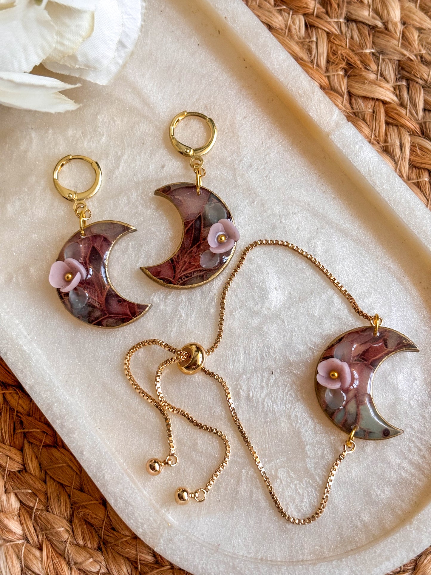 Stained Glass Floral Moon Earring & Bracelet Set