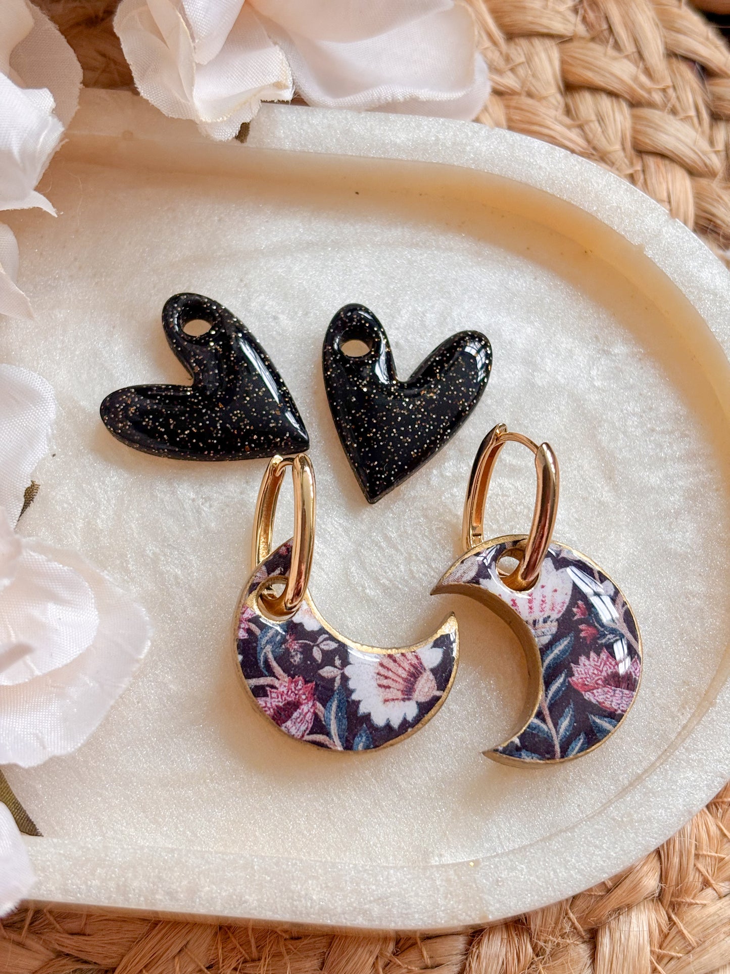 Moon and Heart Charm Huggies Set