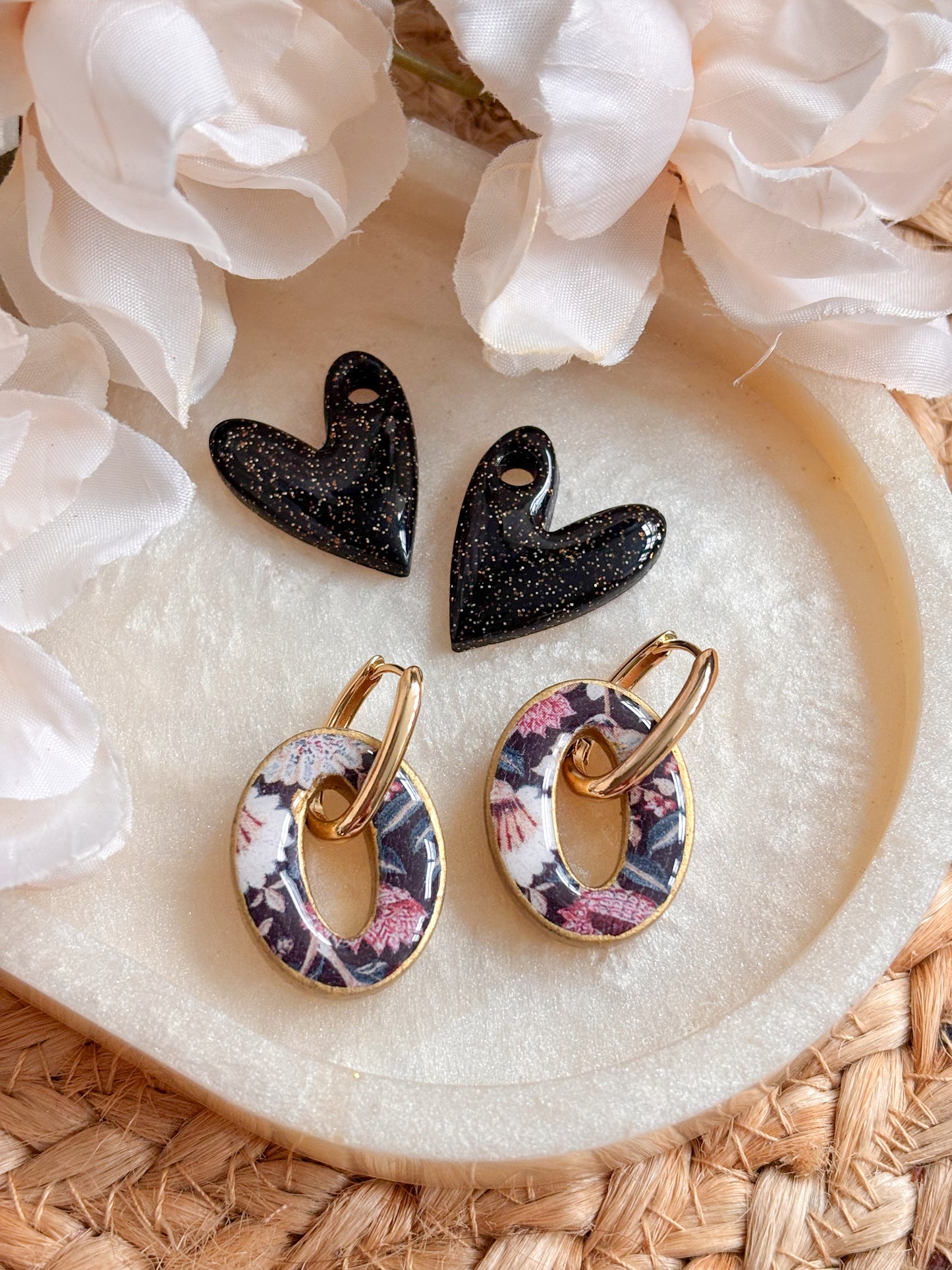 Oval and Heart Charm Huggies Set