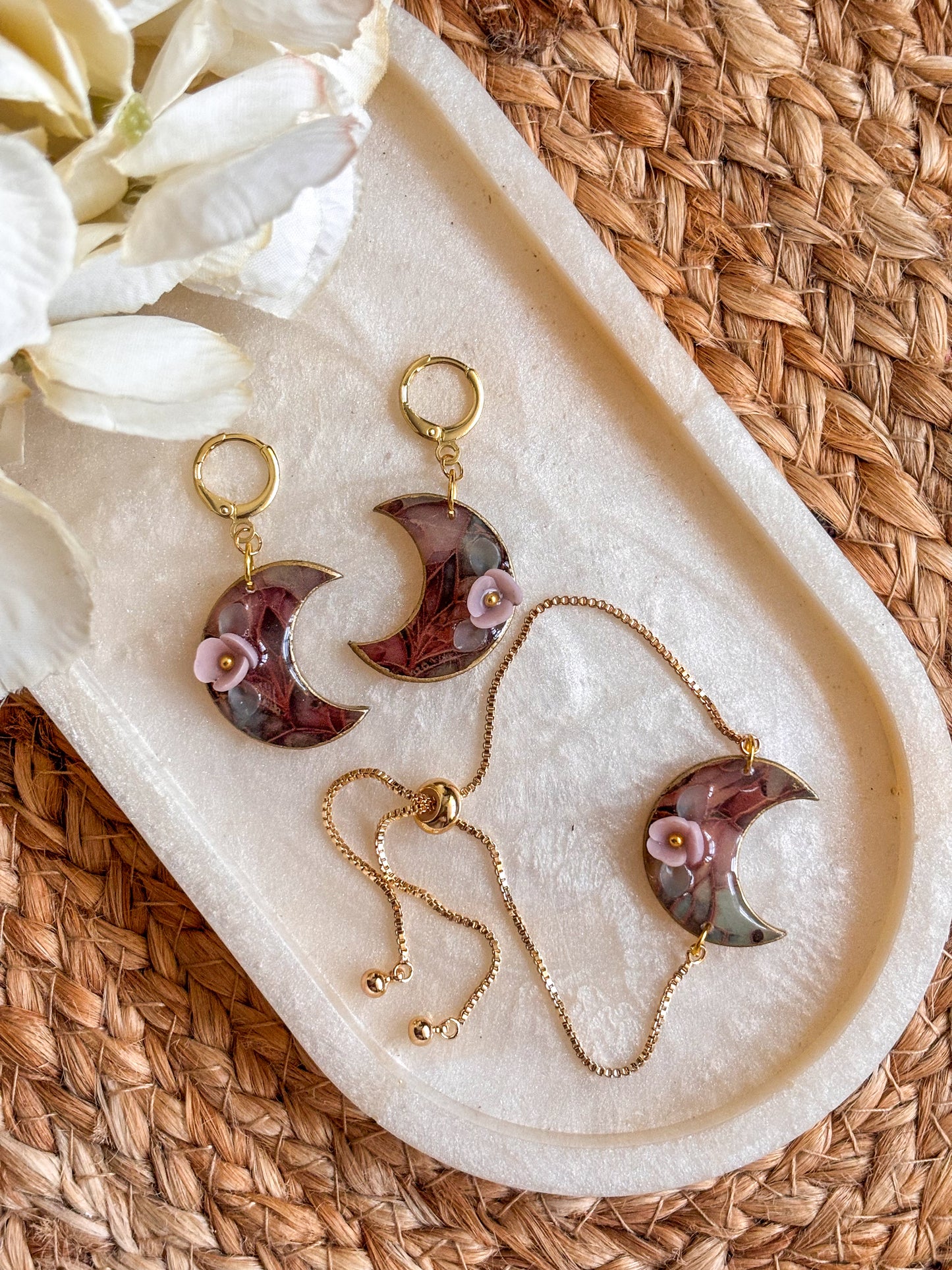 Stained Glass Floral Moon Earring & Bracelet Set