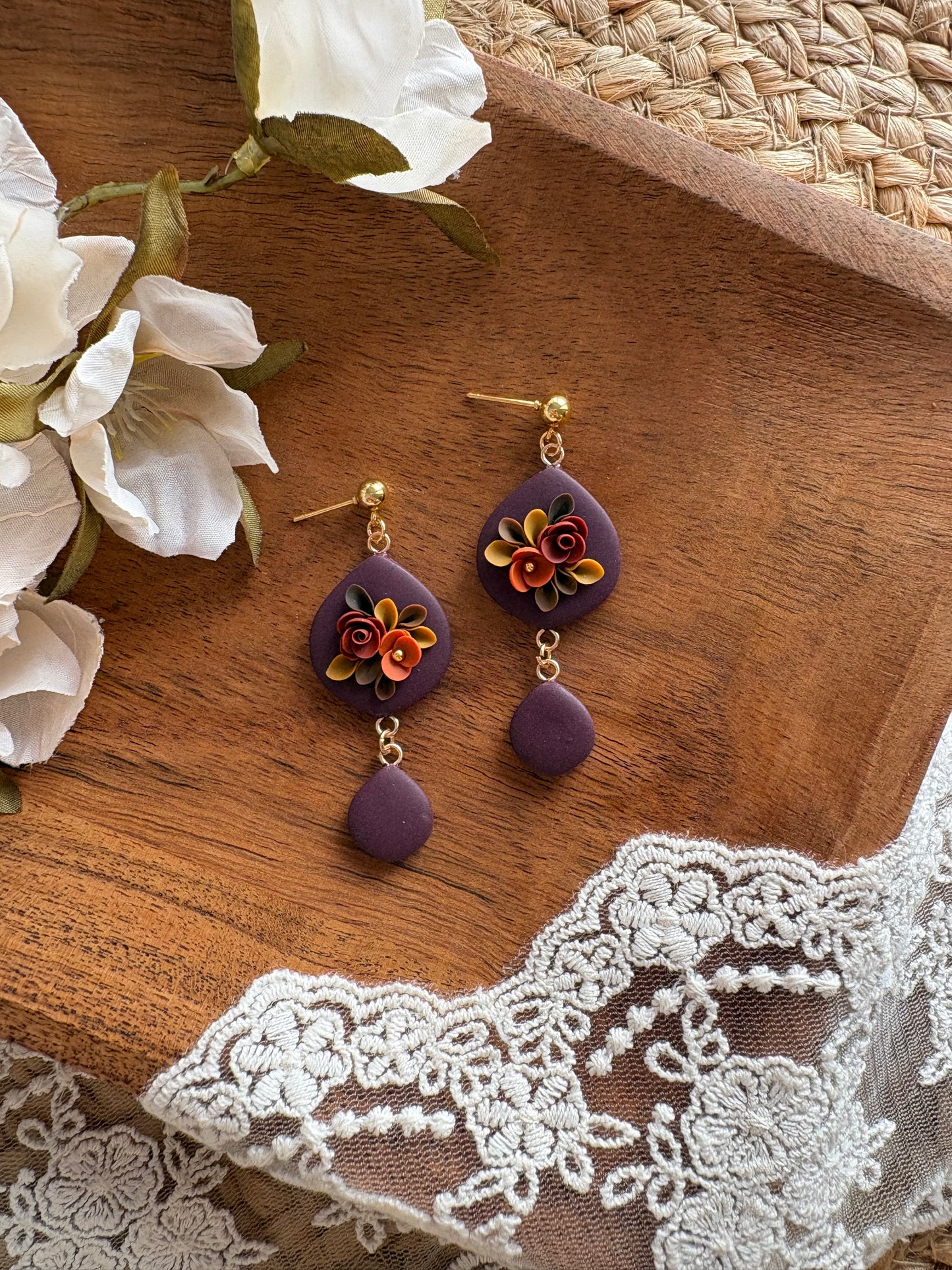 Moody burgundy floral dangles